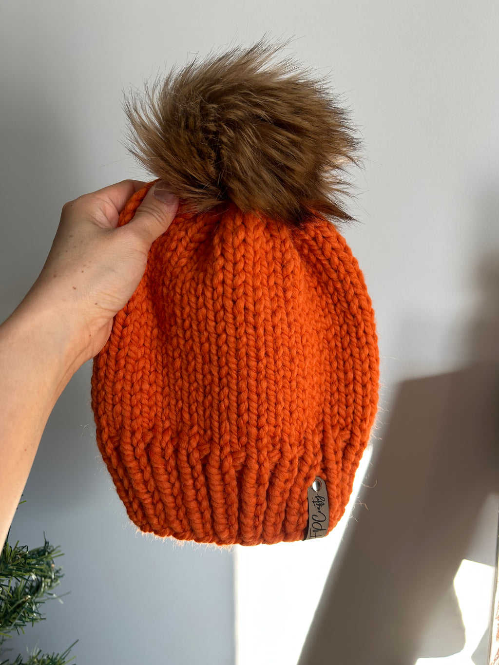 Chunky Knitted Beanie with Faux Fur Pom, Handmade Winter Hat