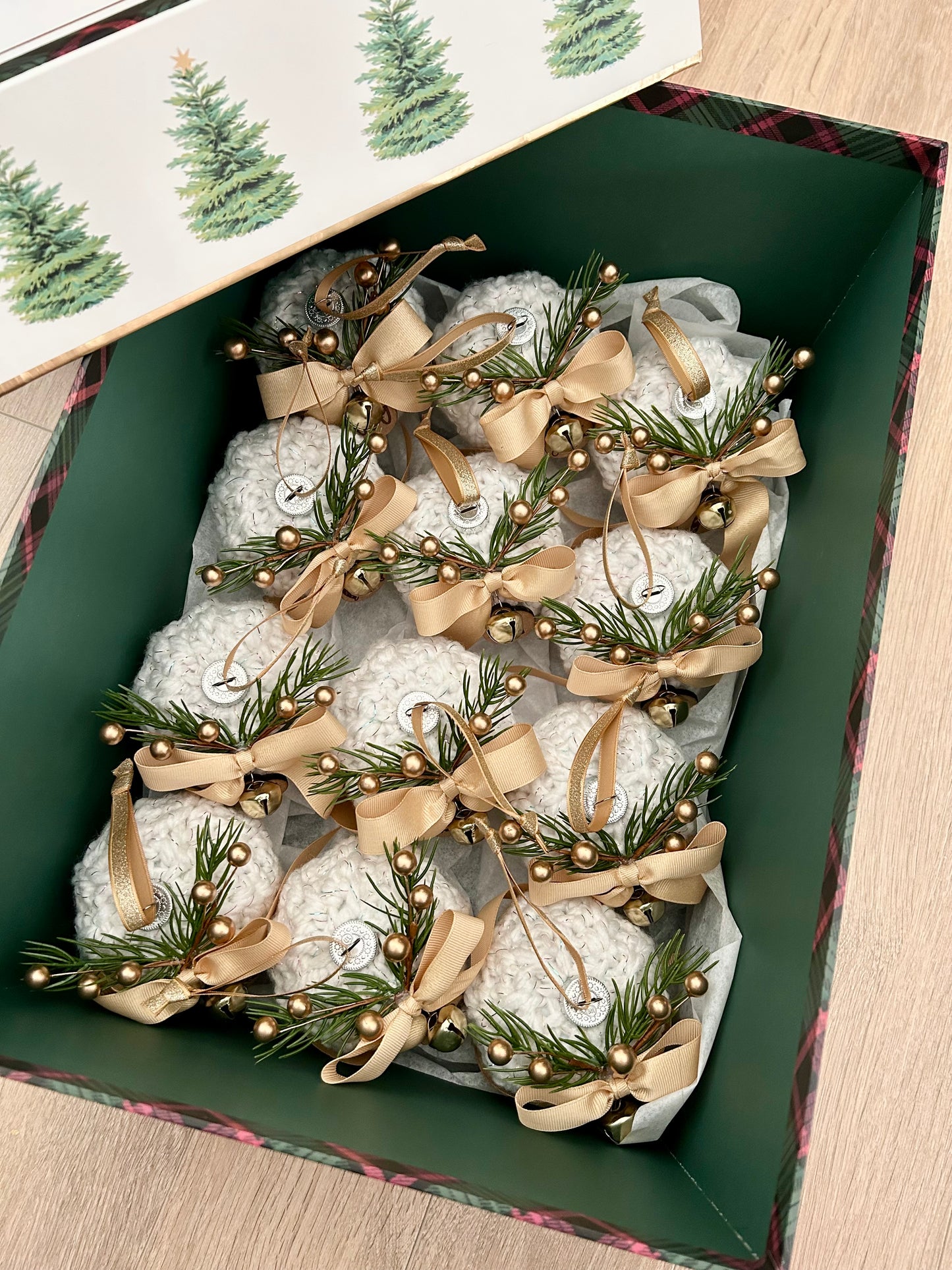 Crocheted Glass Ornaments with Embellishments & Wooden Tags