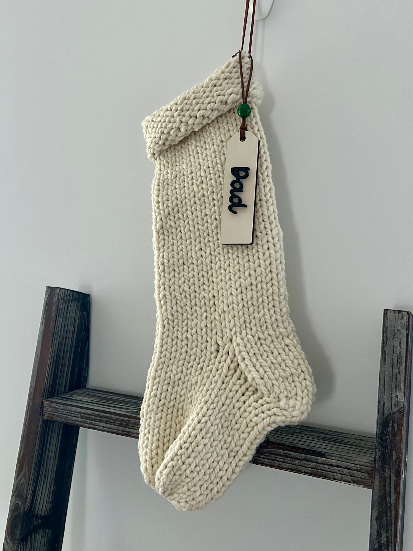 Handmade Knitted Santa Stocking with Custom Wooden Name Tag