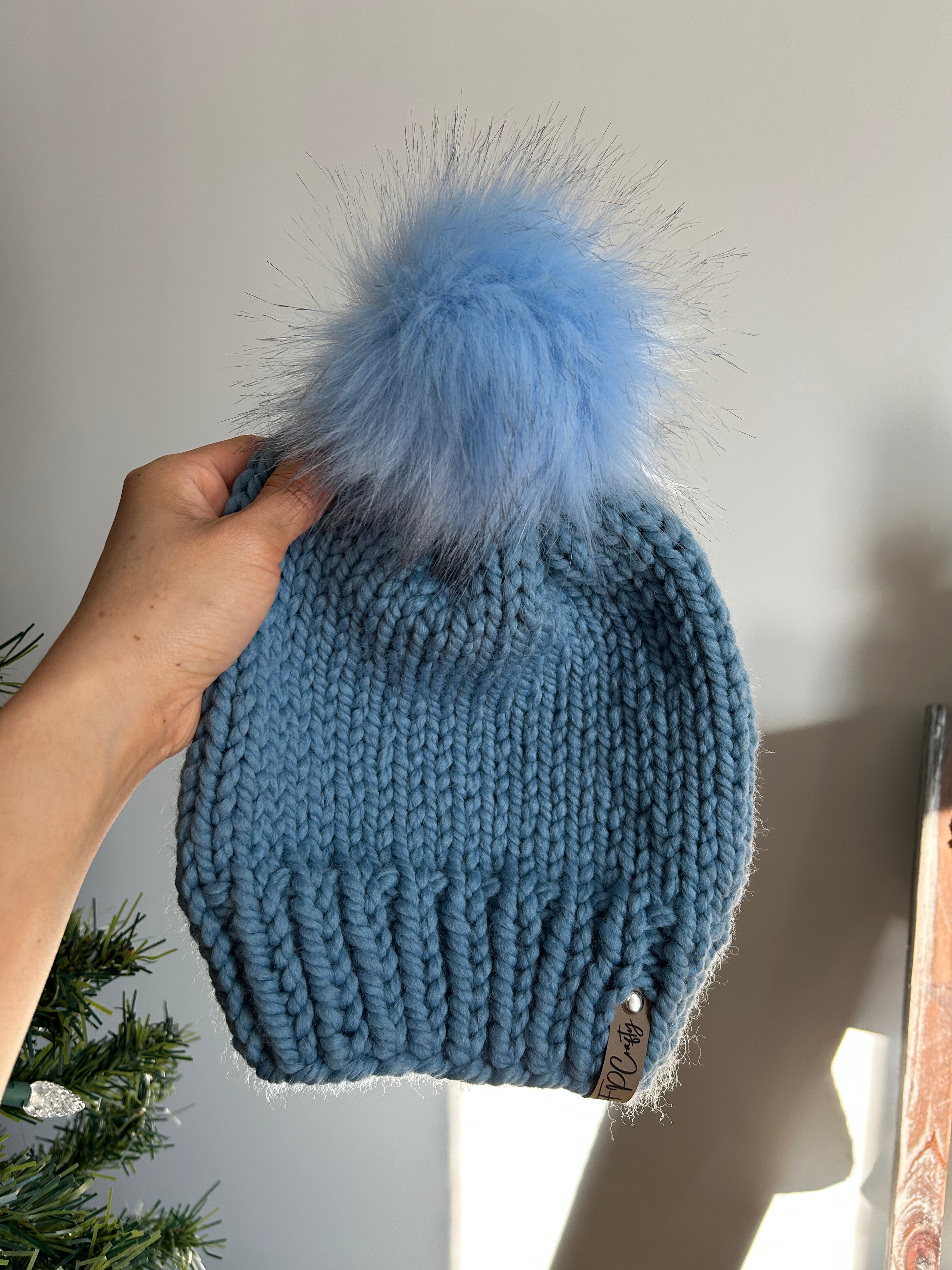 Chunky Knitted Beanie with Faux Fur Pom, Handmade Winter Hat