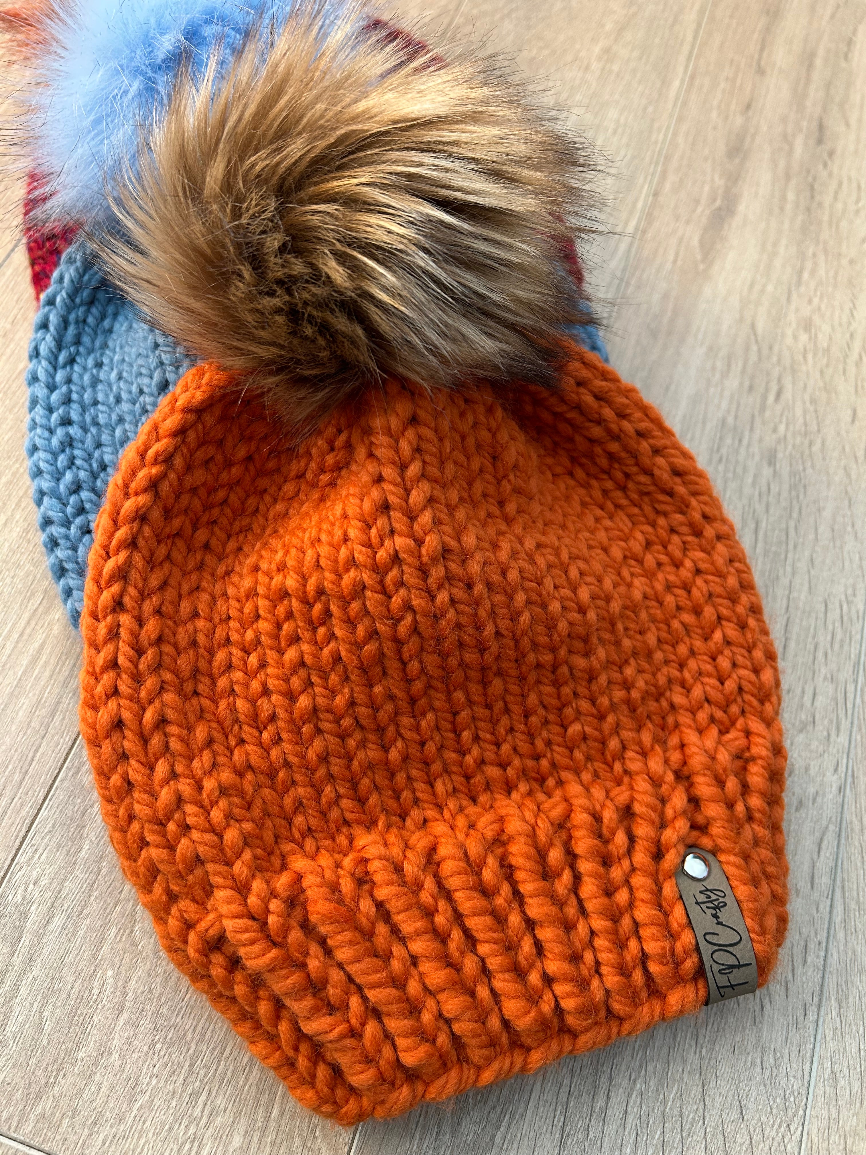 Chunky Knitted Beanie with Faux Fur Pom, Handmade Winter Hat