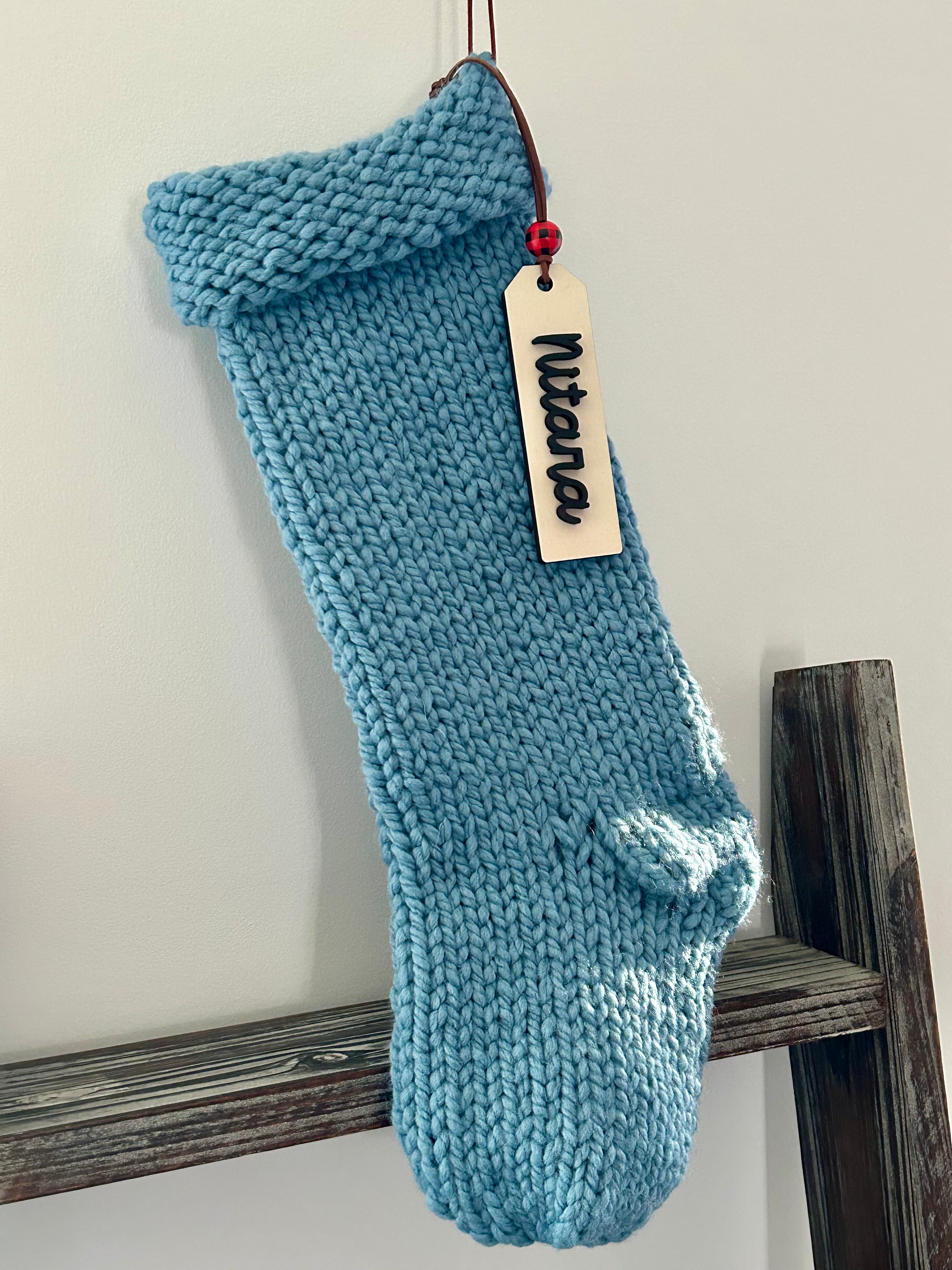 Handmade Knitted Santa Stocking with Custom Wooden Name Tag