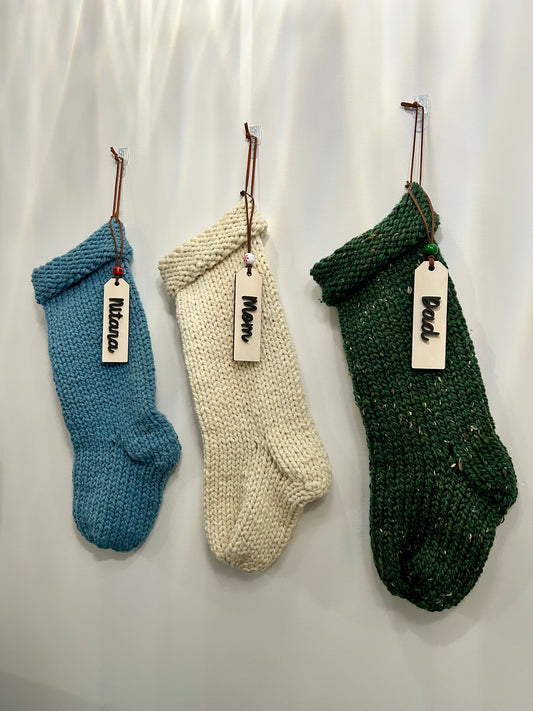 Handmade Knitted Santa Stocking with Custom Wooden Name Tag