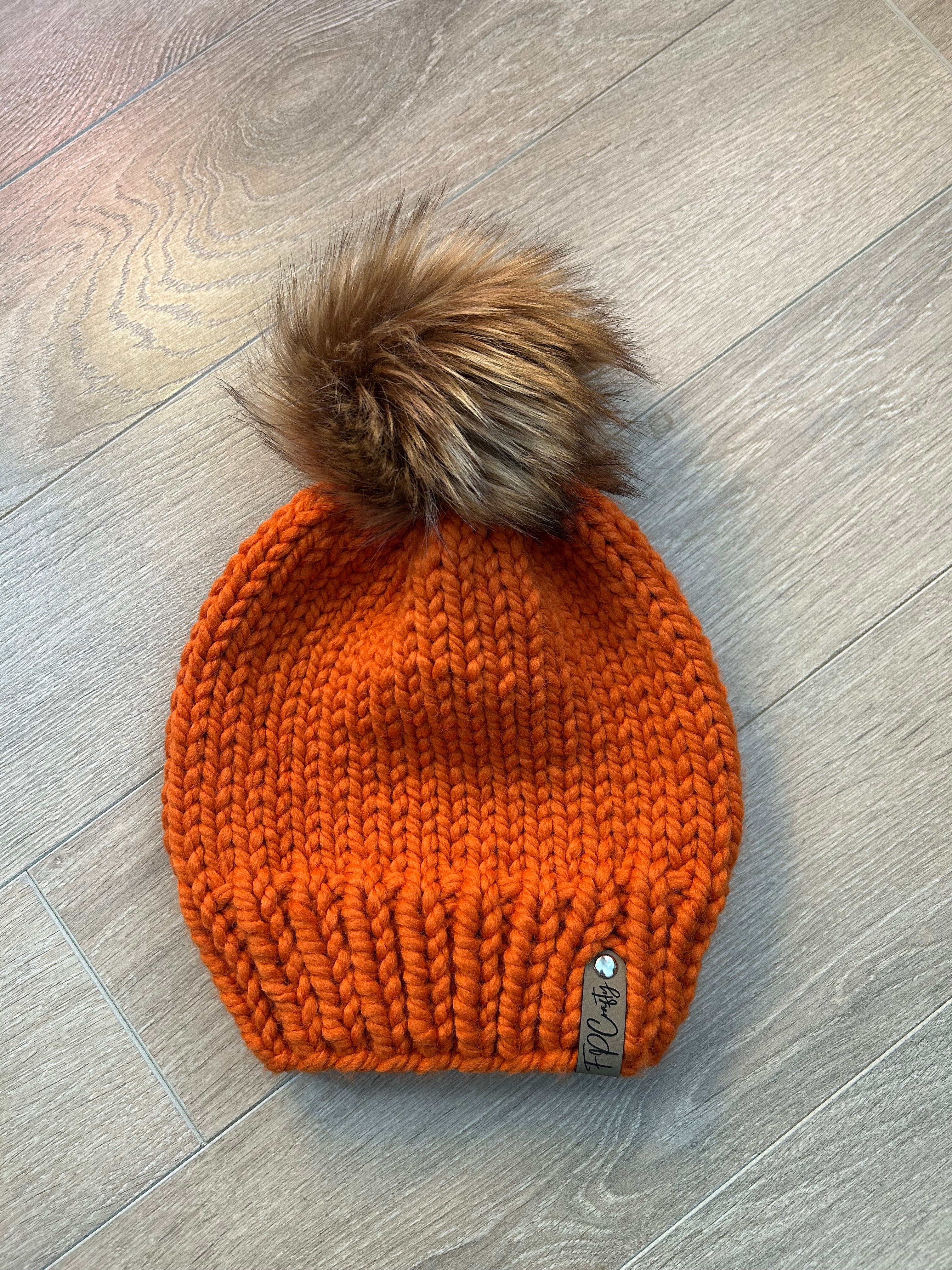 Chunky Knitted Beanie with Faux Fur Pom, Handmade Winter Hat