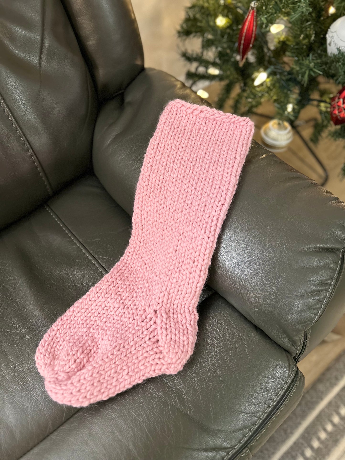 Handmade Knitted Santa Stocking with Custom Wooden Name Tag