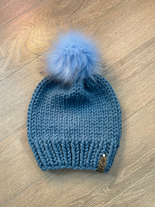 Chunky Knitted Beanie with Faux Fur Pom, Handmade Winter Hat