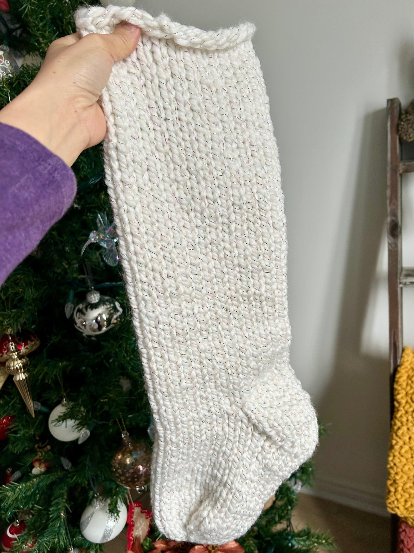 Handmade Knitted Santa Stocking with Custom Wooden Name Tag