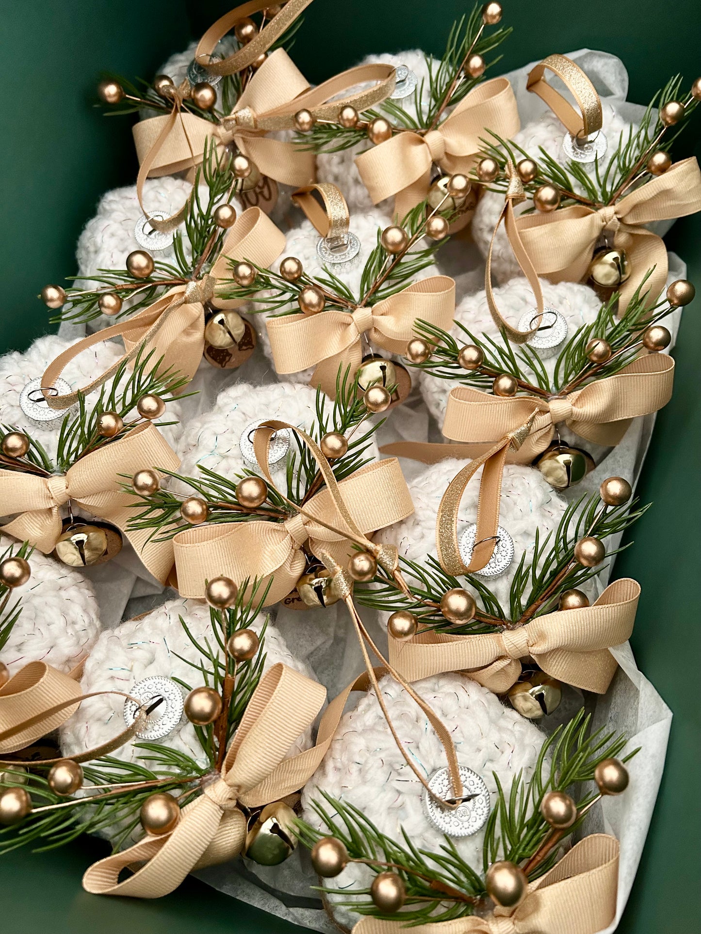 Crocheted Glass Ornaments with Embellishments & Wooden Tags