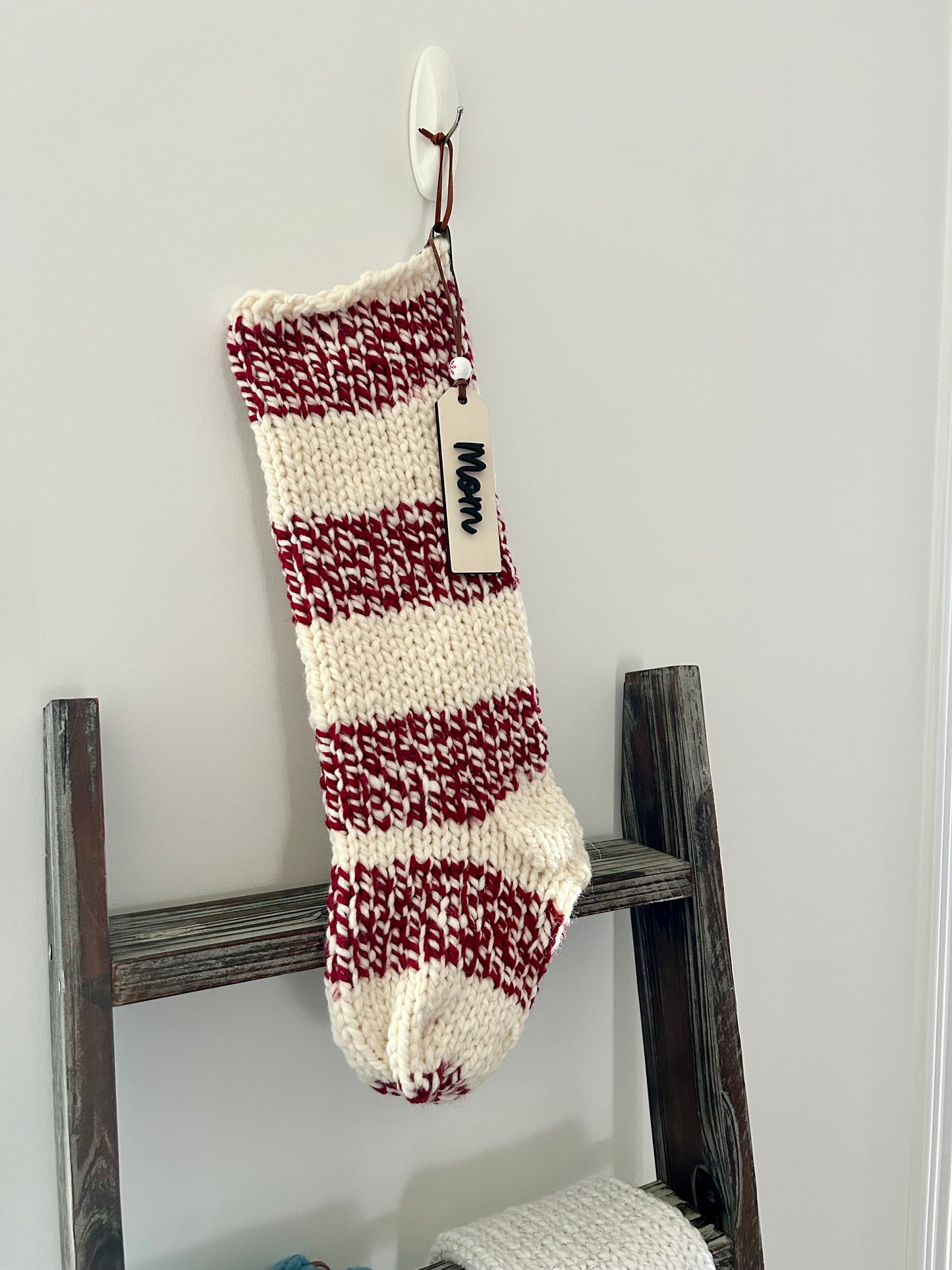 Handmade Knitted Santa Stocking with Custom Wooden Name Tag